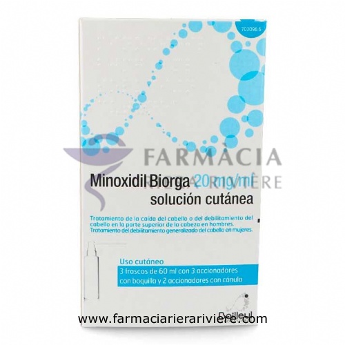 MINOXIDIL BIORGA 20 MG/ML SOLUCION CUTANEA , 3 frascos de 60 ml y 3 accionadores con boquilla y 2 ac