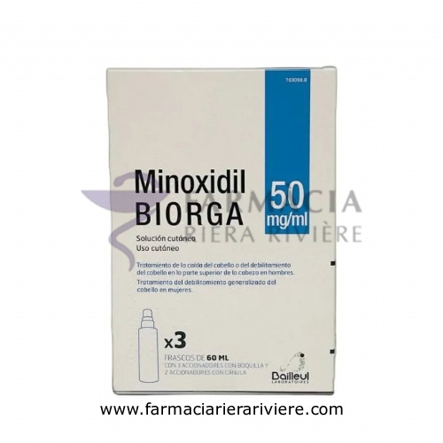 MINOXIDIL BIORGA 50 MG/ML SOLUCION CUTANEA , 3 frascos de 60 ml y 3 accionadores con boquilla y 2 ac