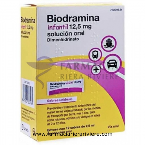 BIODRAMINA INFANTIL 12,5 MG SOLUCION ORAL, 12 sobres unidosis de 2,5 ml