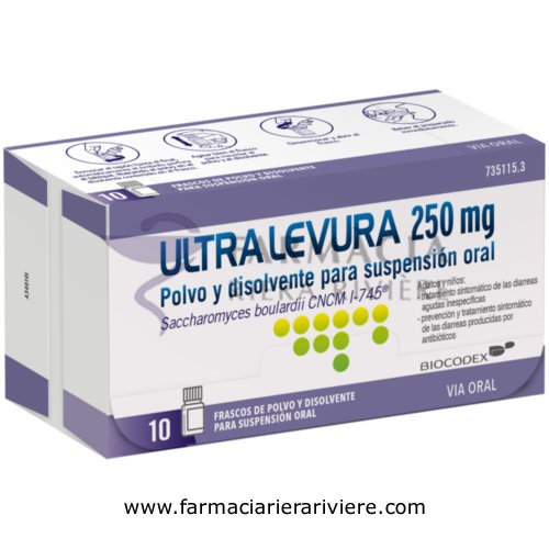ULTRA-LEVURA 250 MG POLVO Y DISOLVENTE PARA SUSPENSION ORAL, 10 frascos